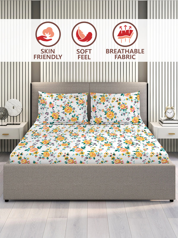 Marigold 100% Cotton 144 TC Multicolor Floral 1 King Size Bedsheet with 2 Pillow Covers