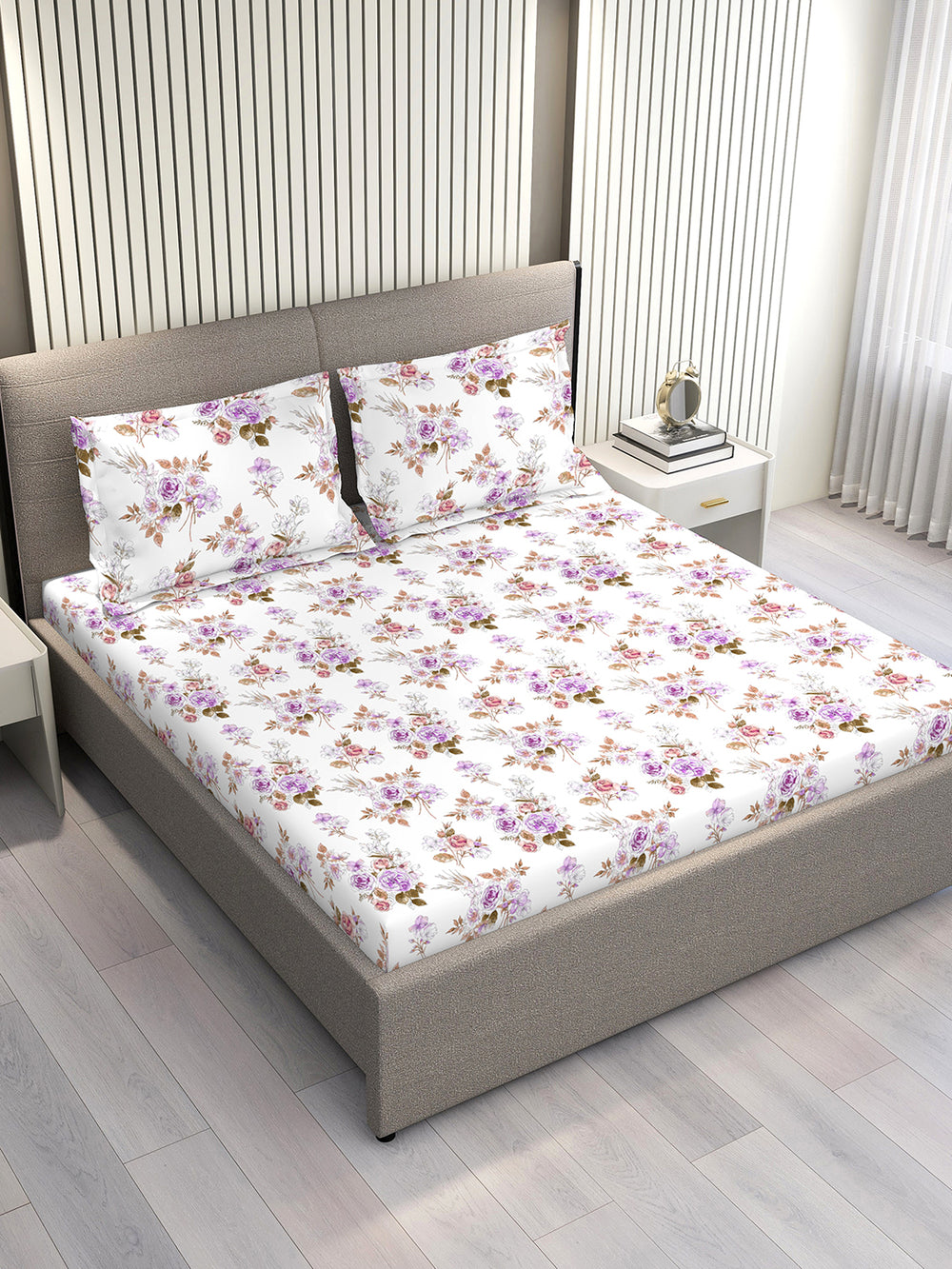 Marigold 100% Cotton 144 TC Purple White Floral 1 King Size Bedsheet with 2 Pillow Covers