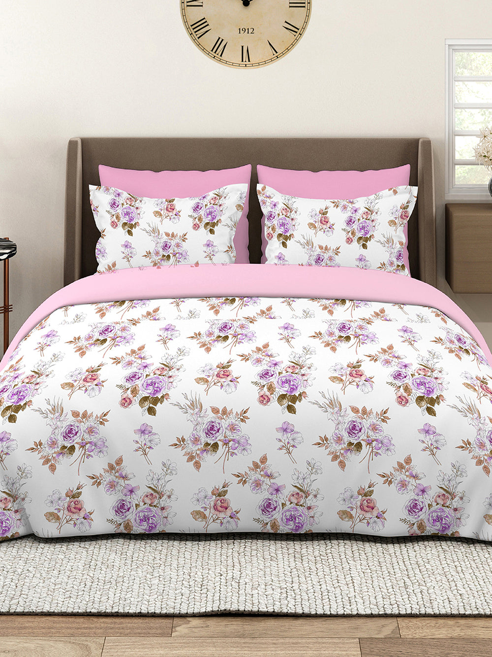 Marigold 100% Cotton 144 TC Purple White Floral 1 King Size Bedsheet with 2 Pillow Covers