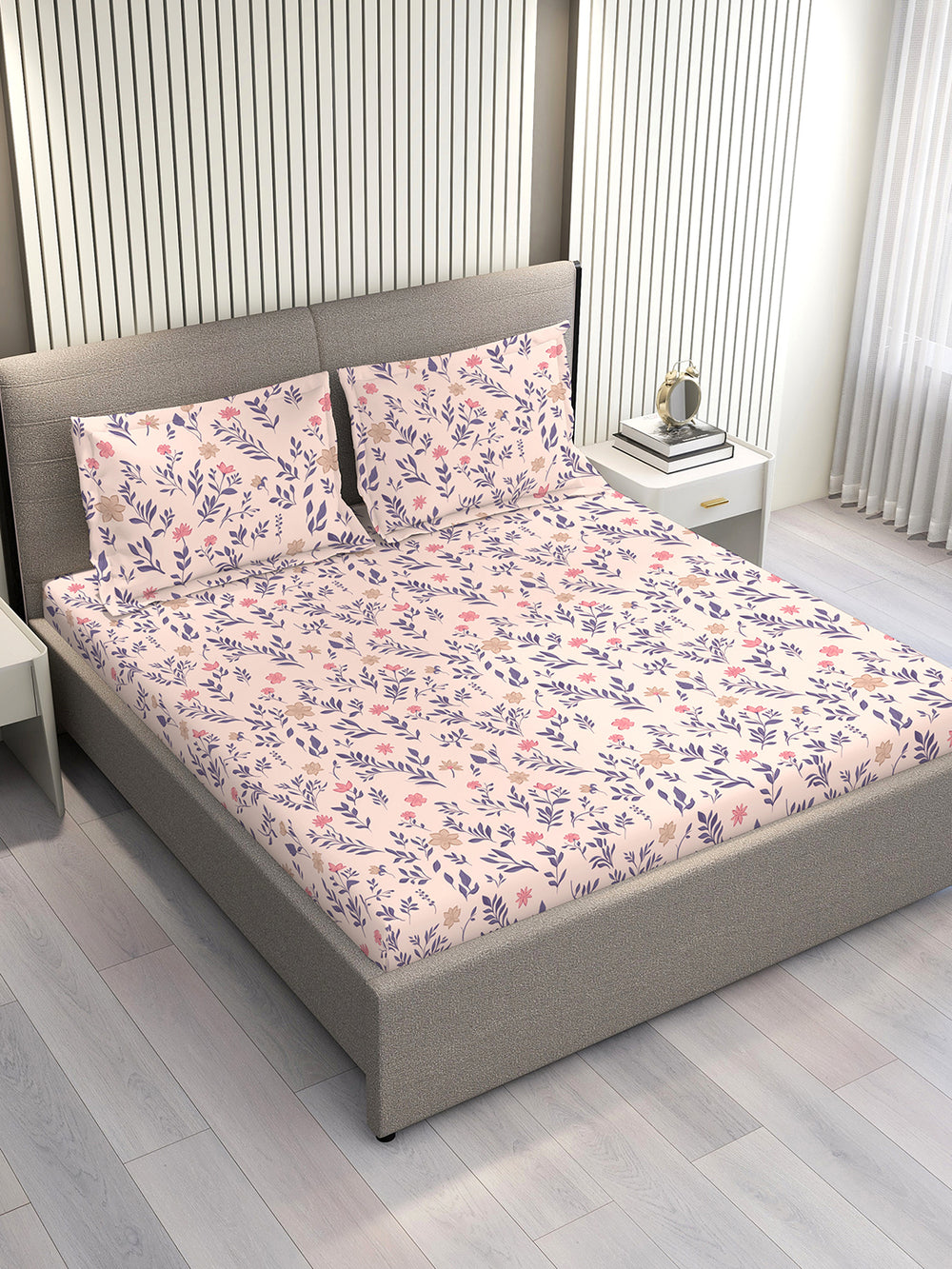 Marigold 100% Cotton 144 TC Pink Floral 1 King Size Bedsheet with 2 Pillow Covers