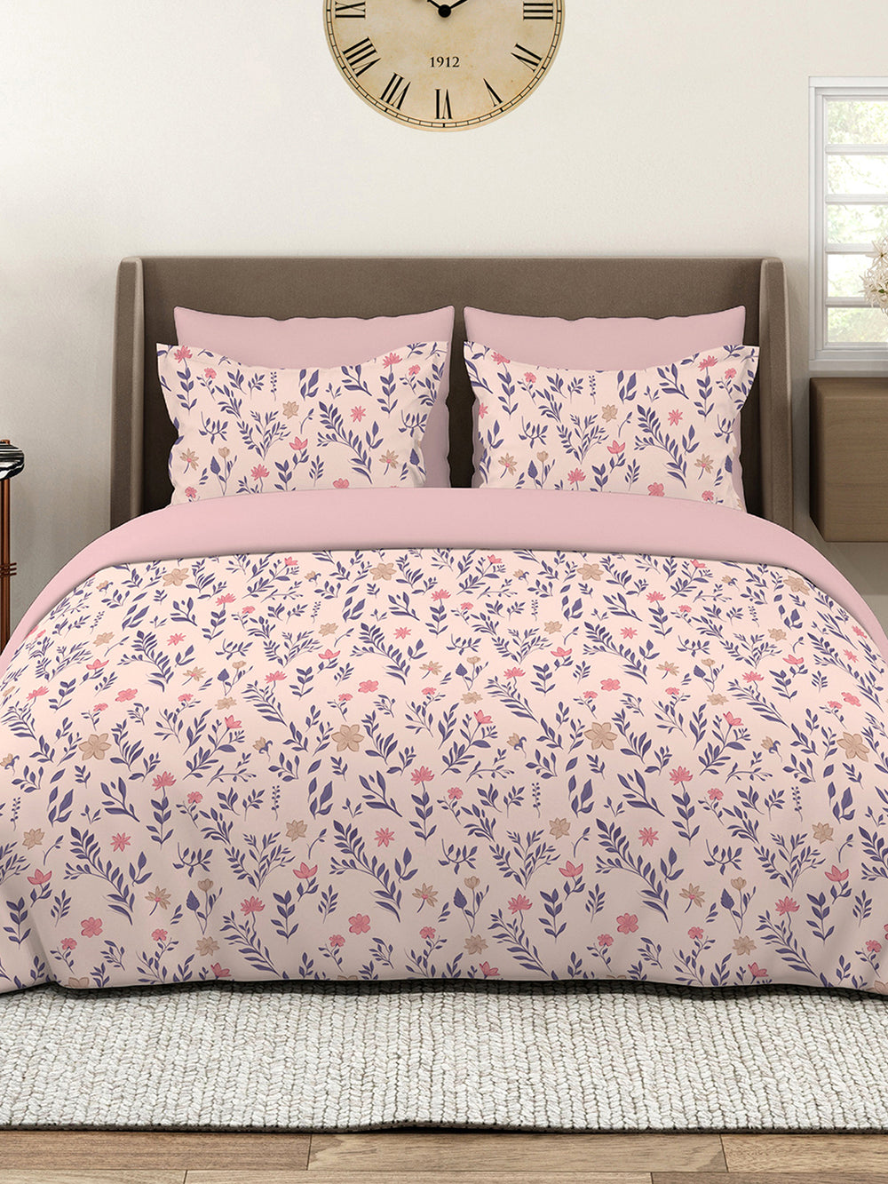 Marigold 100% Cotton 144 TC Pink Floral 1 King Size Bedsheet with 2 Pillow Covers