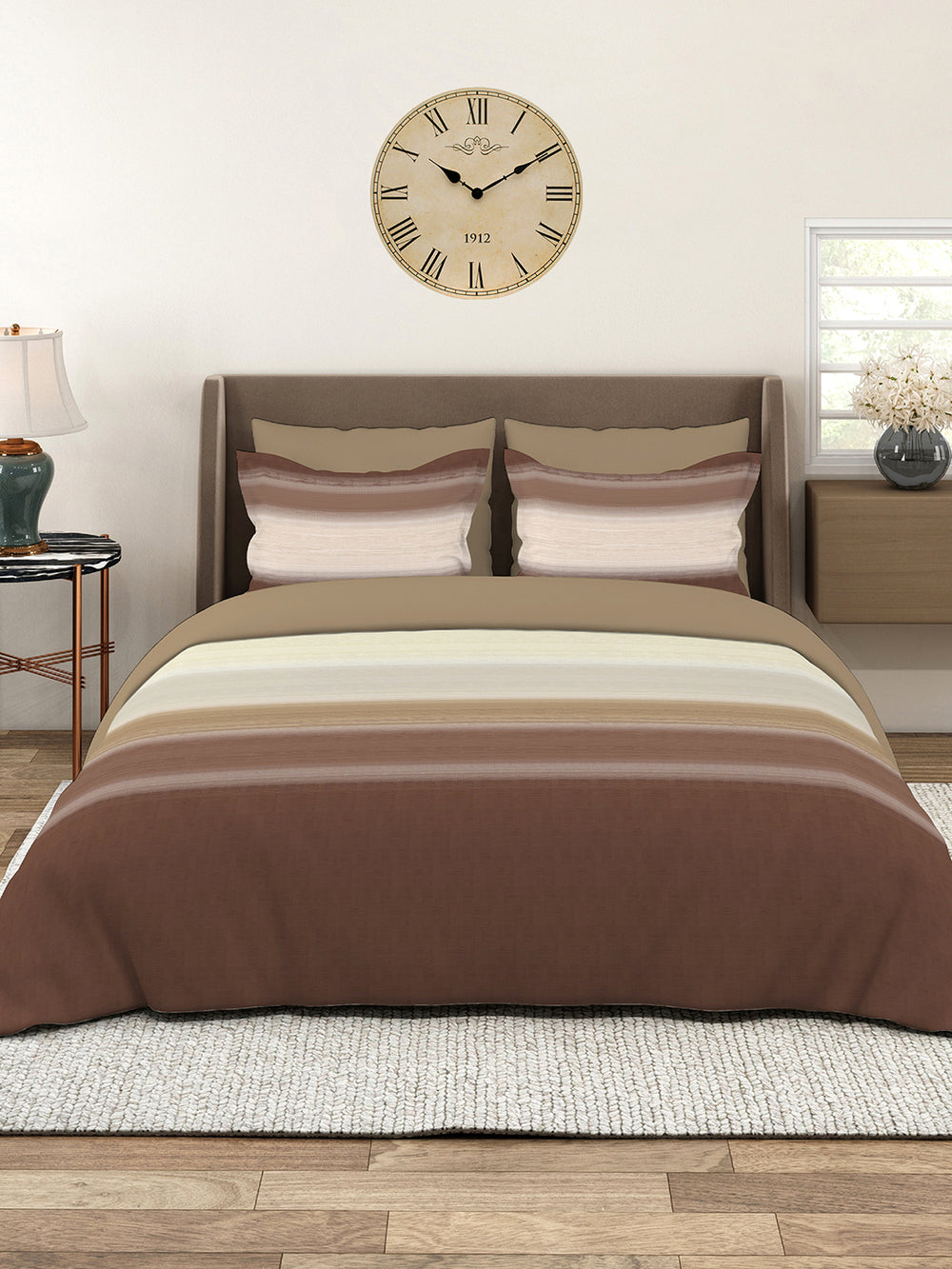 Duracount 225 CVC Brown Stripes 1 King Size Bedsheet with 2 Pillow Covers