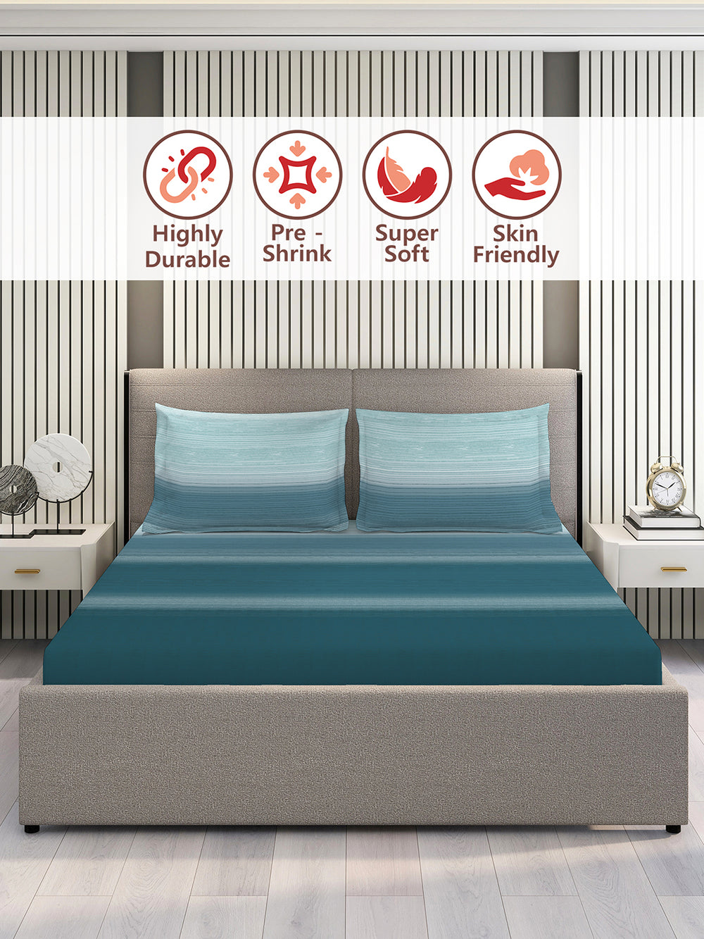 Duracount 225 CVC Blue Stripes 1 King Size Bedsheet with 2 Pillow Covers