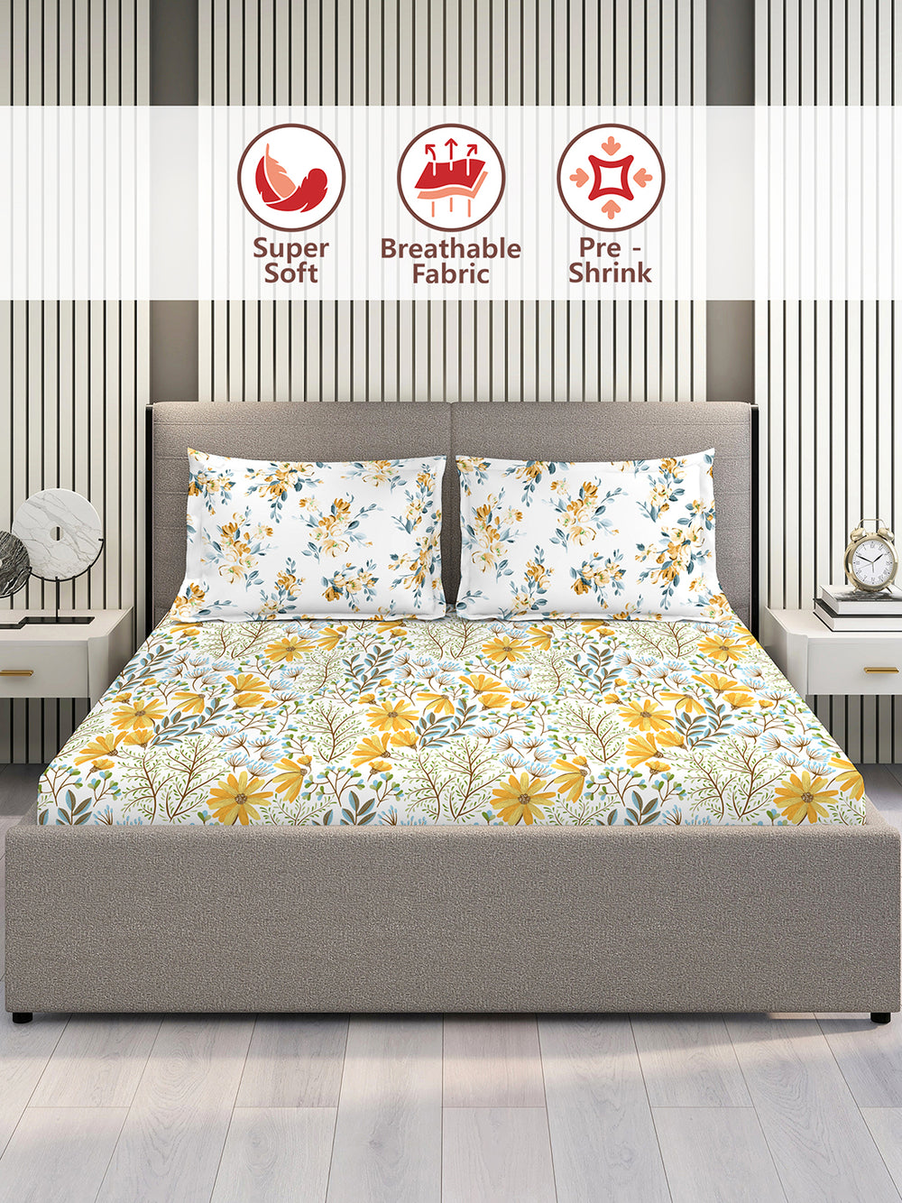 Illuminating Homes 100% Cotton 144 TC Multicolor Floral 1 Double Size Bedsheet with 2 Pillow Covers