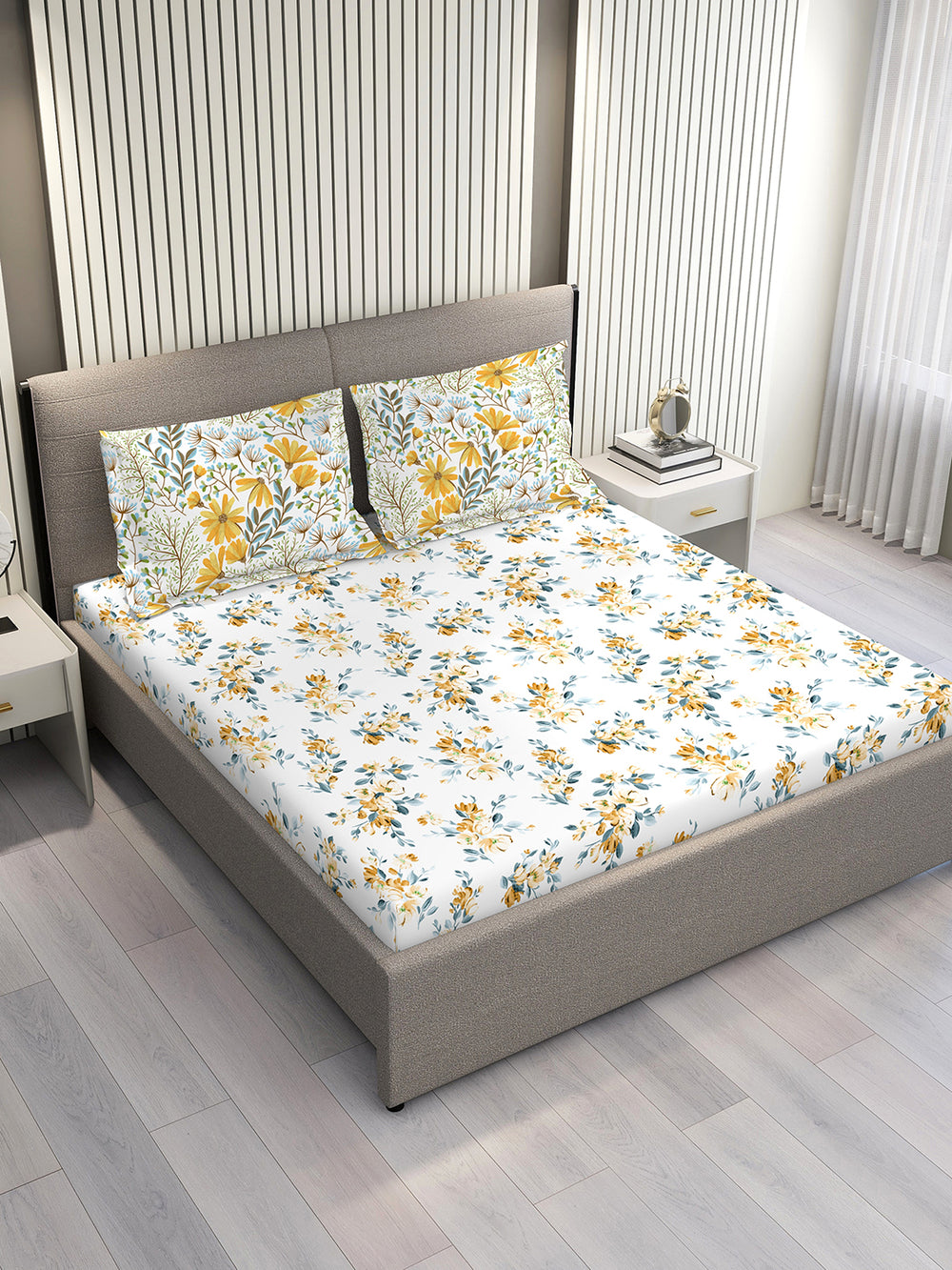 Illuminating Homes 100% Cotton 144 TC White Floral 1 Double Size Bedsheet with 2 Pillow Covers
