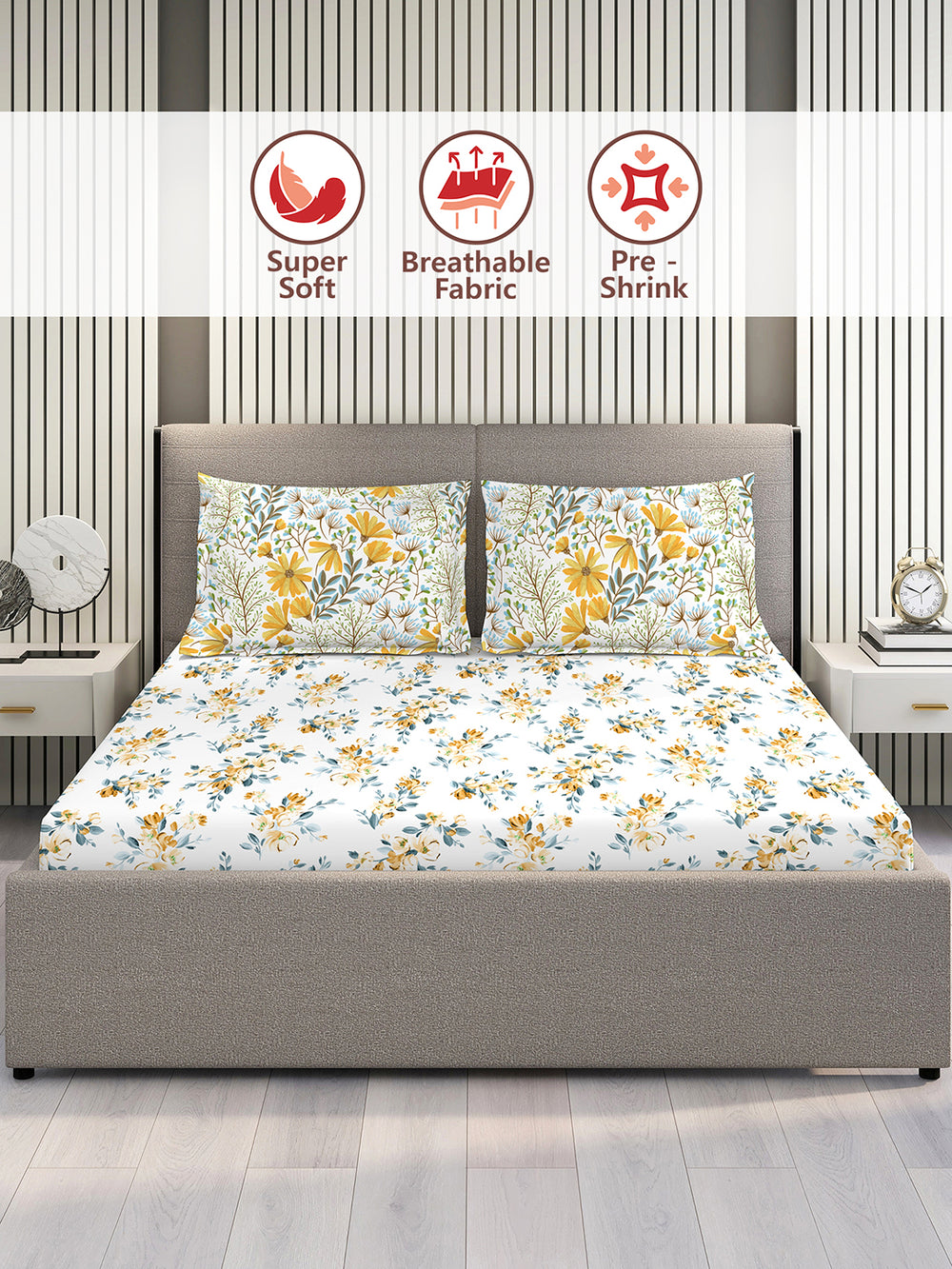 Illuminating Homes 100% Cotton 144 TC White Floral 1 Double Size Bedsheet with 2 Pillow Covers