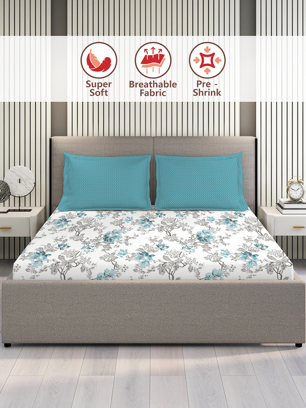 Illuminating Homes 100% Cotton 144 TC Multicolor Floral 1 Double Size Bedsheet with 2 Pillow Covers