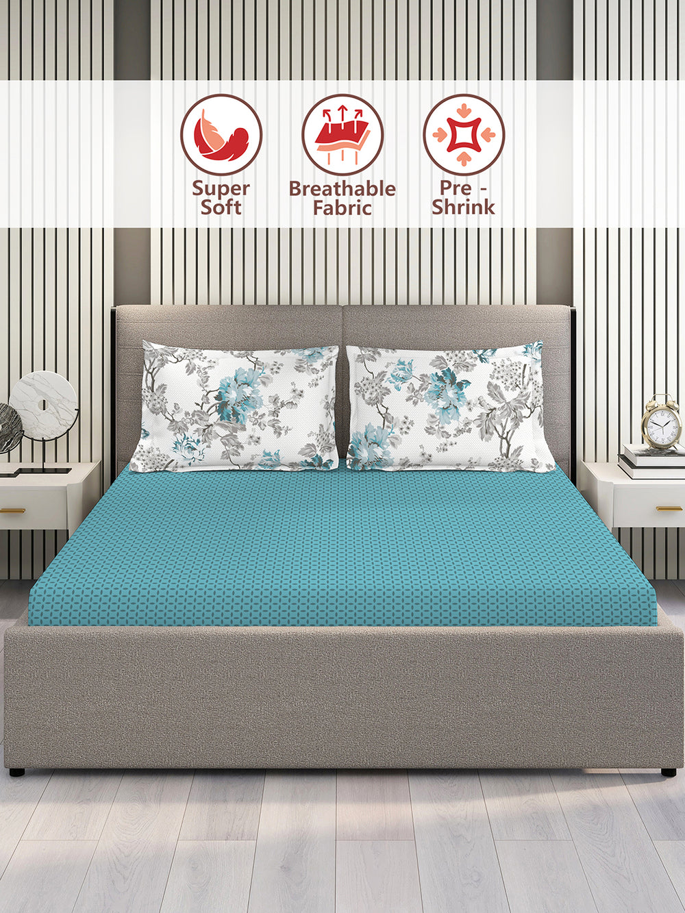 Illuminating Homes 100% Cotton 144 TC Blue Geometrical 1 Double Size Bedsheet with 2 Pillow Covers