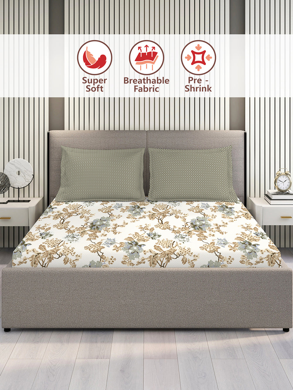 Illuminating Homes 100% Cotton 144 TC Multicolor Floral 1 Double Size Bedsheet with 2 Pillow Covers