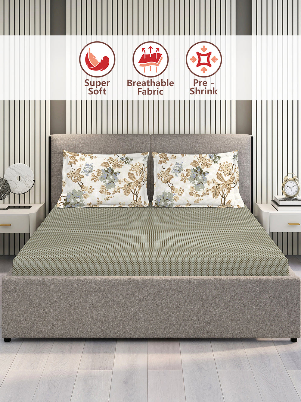 Illuminating Homes 100% Cotton 144 TC Grey Geometrical 1 Double Size Bedsheet with 2 Pillow Covers