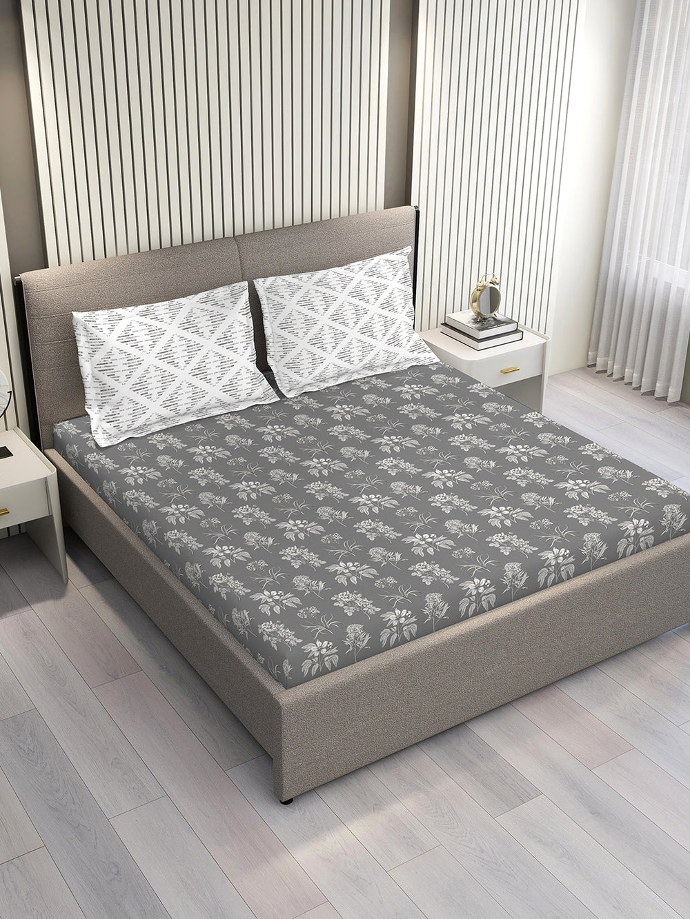 Illuminating Homes 100% Cotton 144 TC Grey Floral 1 Double Size Bedsheet with 2 Pillow Covers