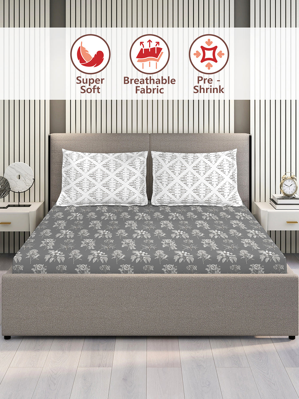 Illuminating Homes 100% Cotton 144 TC Grey Floral 1 Double Size Bedsheet with 2 Pillow Covers