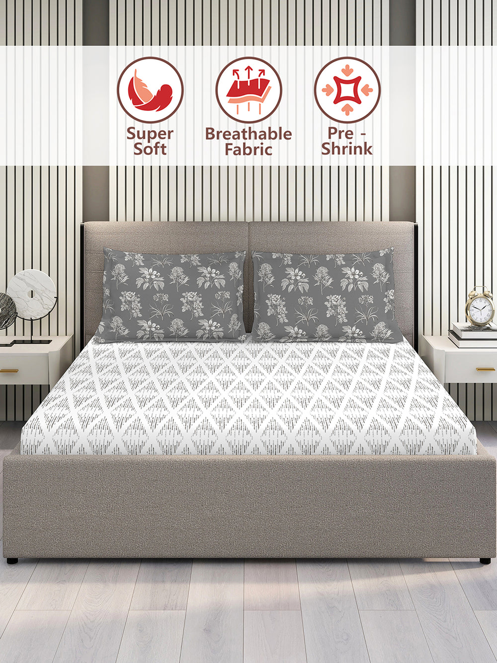 Illuminating Homes 100% Cotton 144 TC Grey Geometrical 1 Double Size Bedsheet with 2 Pillow Covers