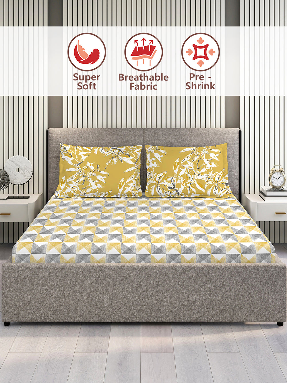 Illuminating Homes 100% Cotton 144 TC Multicolor Geometrical 1 Double Size Bedsheet with 2 Pillow Covers