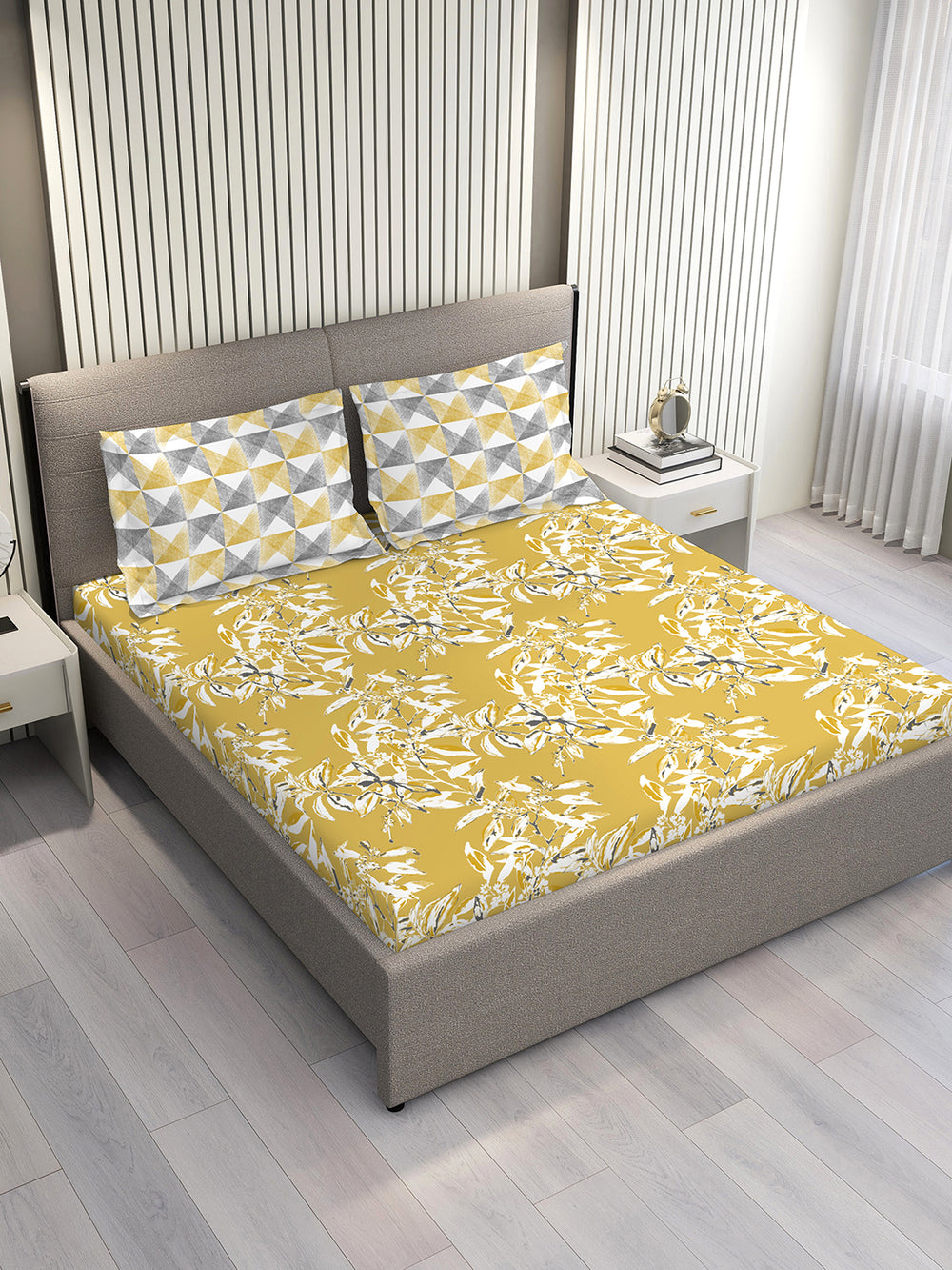Illuminating Homes 100% Cotton 144 TC Yellow Floral 1 Double Size Bedsheet with 2 Pillow Covers