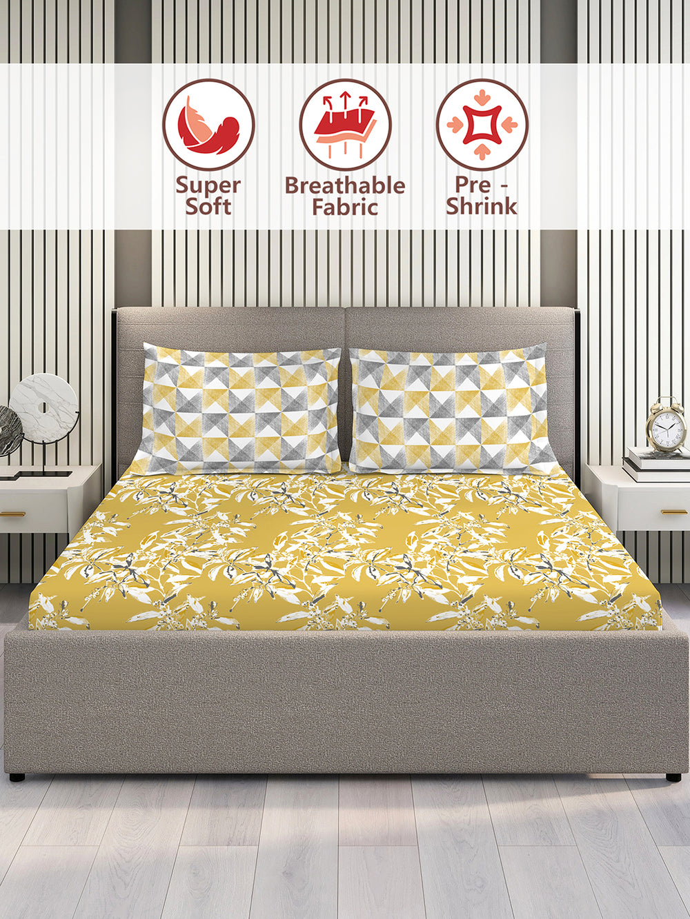 Illuminating Homes 100% Cotton 144 TC Yellow Floral 1 Double Size Bedsheet with 2 Pillow Covers