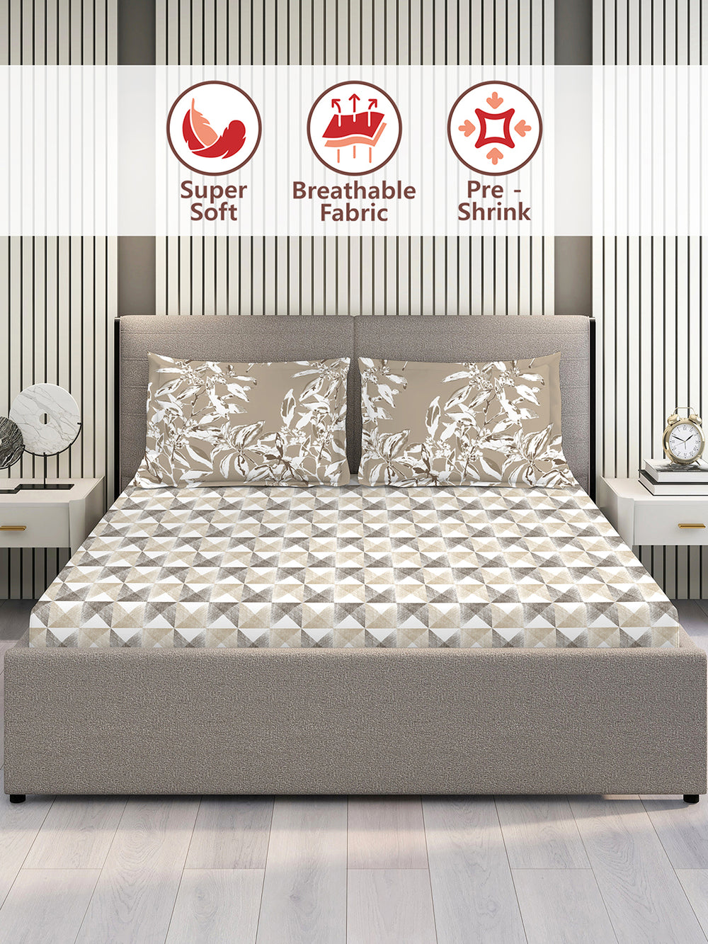 Illuminating Homes 100% Cotton 144 TC Multicolor Geometrical 1 Double Size Bedsheet with 2 Pillow Covers