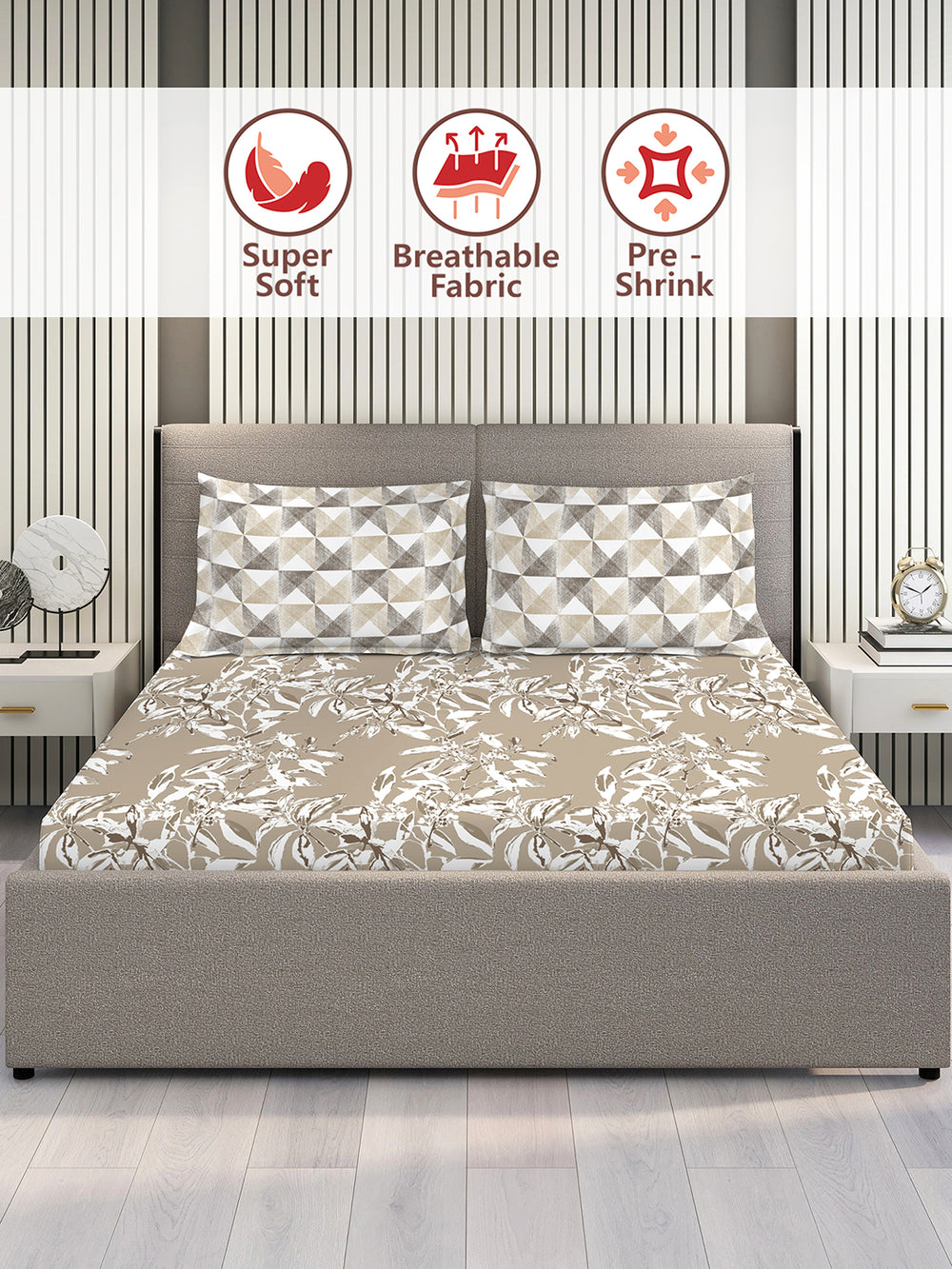 Illuminating Homes 100% Cotton 144 TC Brown Geometrical 1 Double Size Bedsheet with 2 Pillow Covers