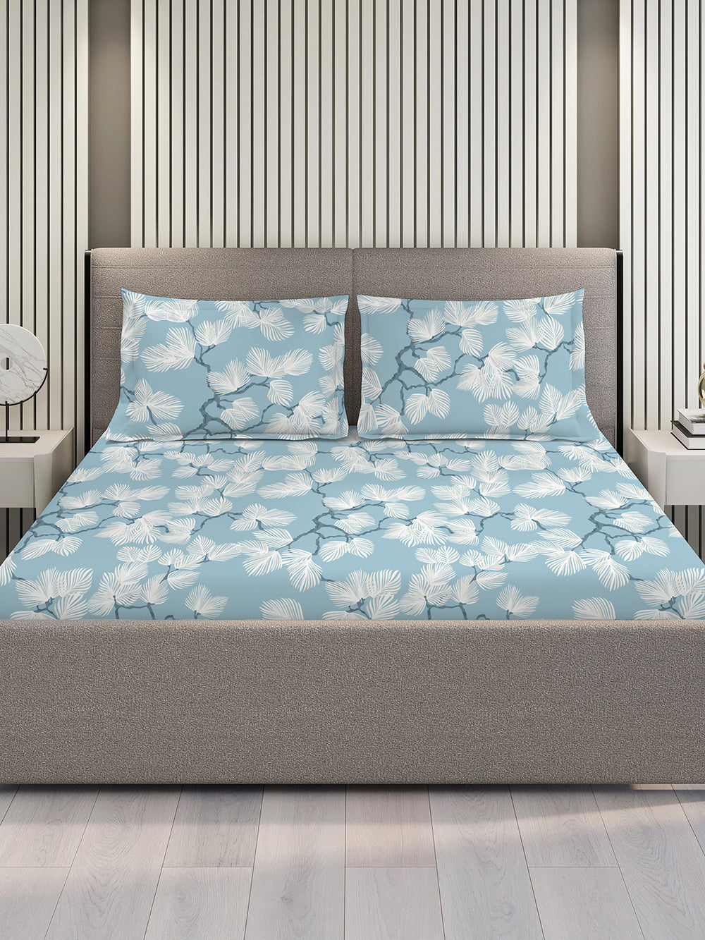 Bloom Microfibre 115 GSM Blue Floral 1 Double Size Bedsheet with 2 Pillow Covers