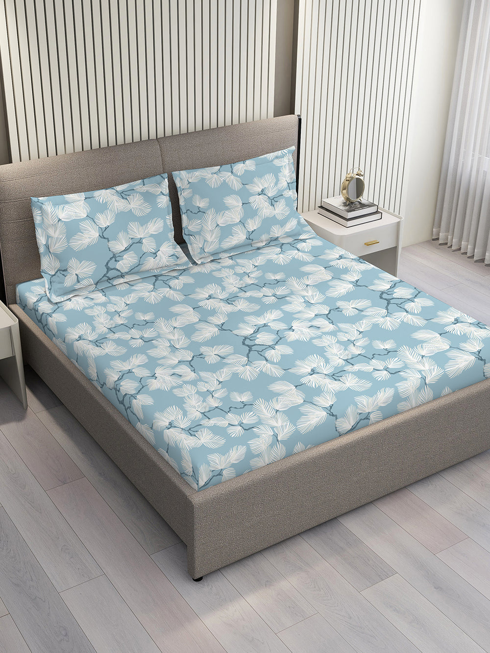 Bloom Microfibre 115 GSM Blue Floral 1 Double Size Bedsheet with 2 Pillow Covers