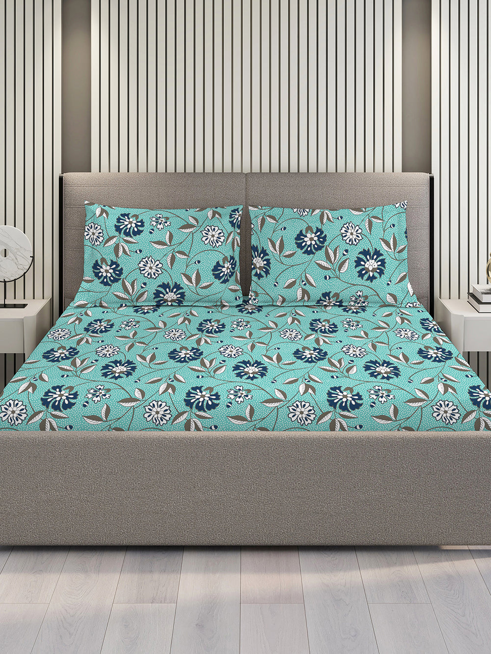 Bloom Microfibre 115 GSM Blue Floral 1 Double Size Bedsheet with 2 Pillow Covers