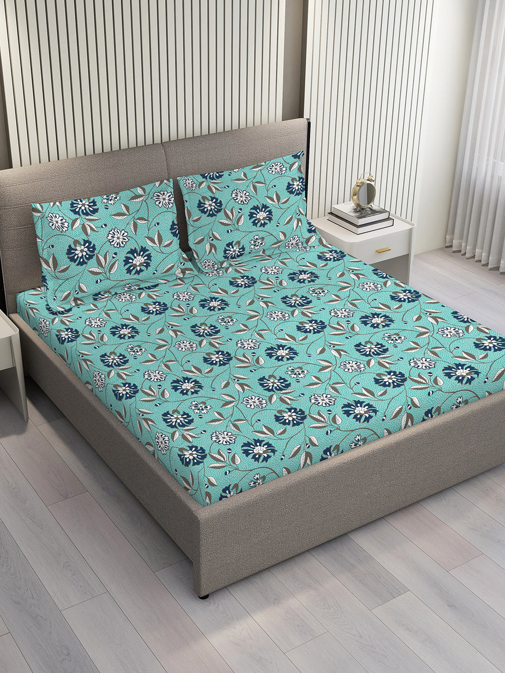 Bloom Microfibre 115 GSM Blue Floral 1 Double Size Bedsheet with 2 Pillow Covers
