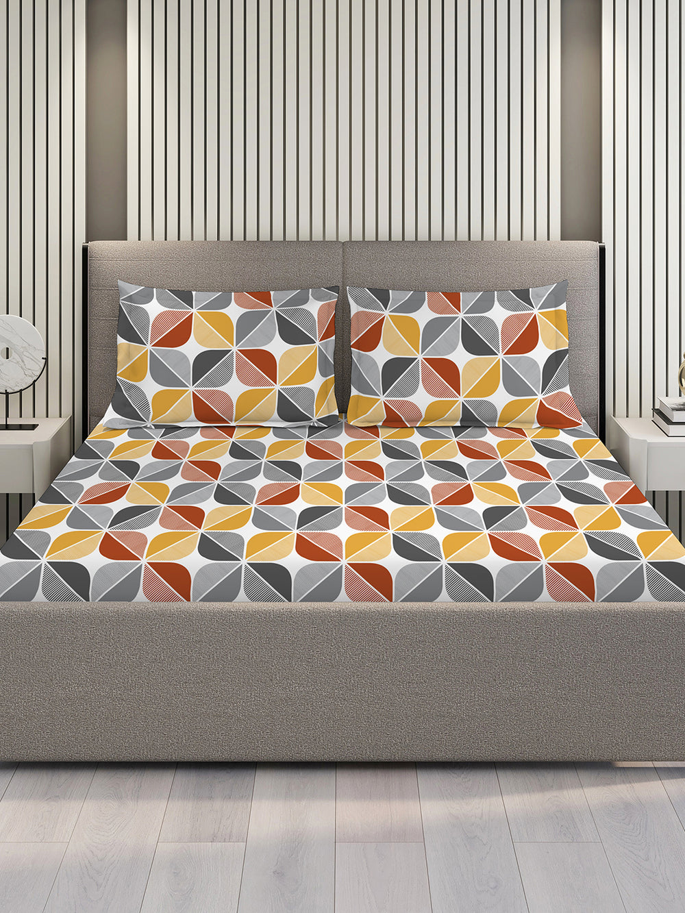 Bloom Microfibre 115 GSM Multicolor Geometrical 1 Double Size Bedsheet with 2 Pillow Covers