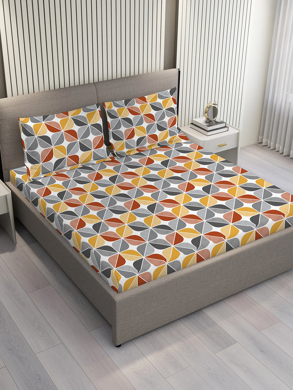 Bloom Microfibre 115 GSM Multicolor Geometrical 1 Double Size Bedsheet with 2 Pillow Covers