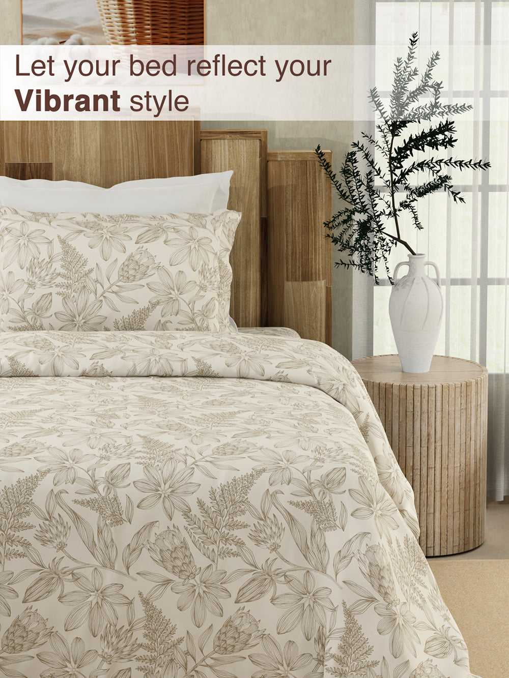Serenity 100% Cotton 200 TC Beige Floral 1 Single Size Bedsheet with 1 Pillow Cover