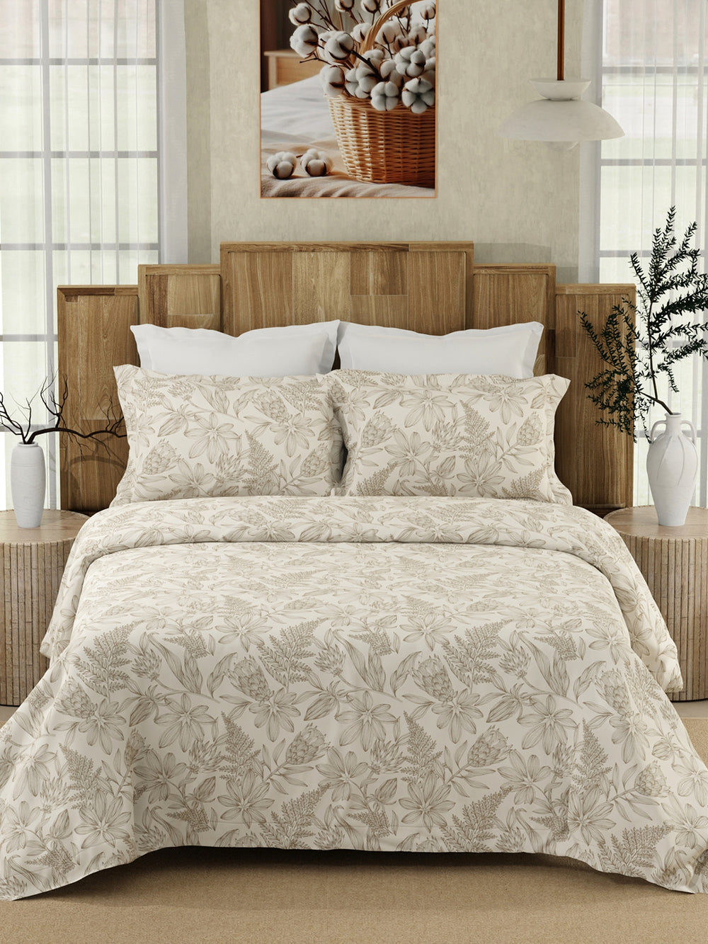 Serenity 100% Cotton 200 TC Beige Floral 1 Double Size Bedsheet with 2 Pillow Covers