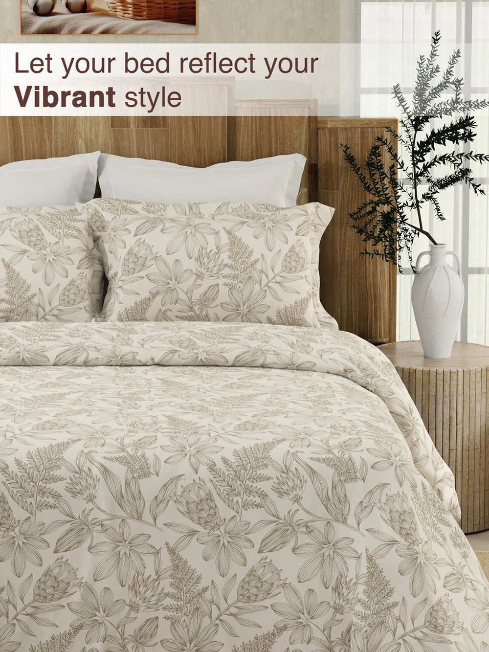 Serenity 100% Cotton 200 TC Beige Floral 1 King Size Bedsheet with 2 Pillow Covers
