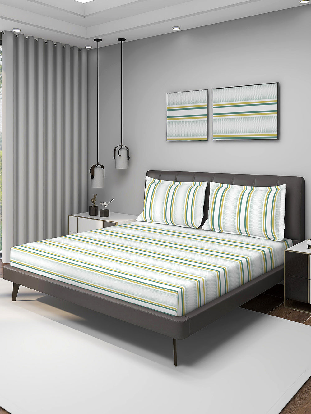 Durathread 225 CVC Green White Stripes 1 King Size Bedsheet with 2 Pillow Covers