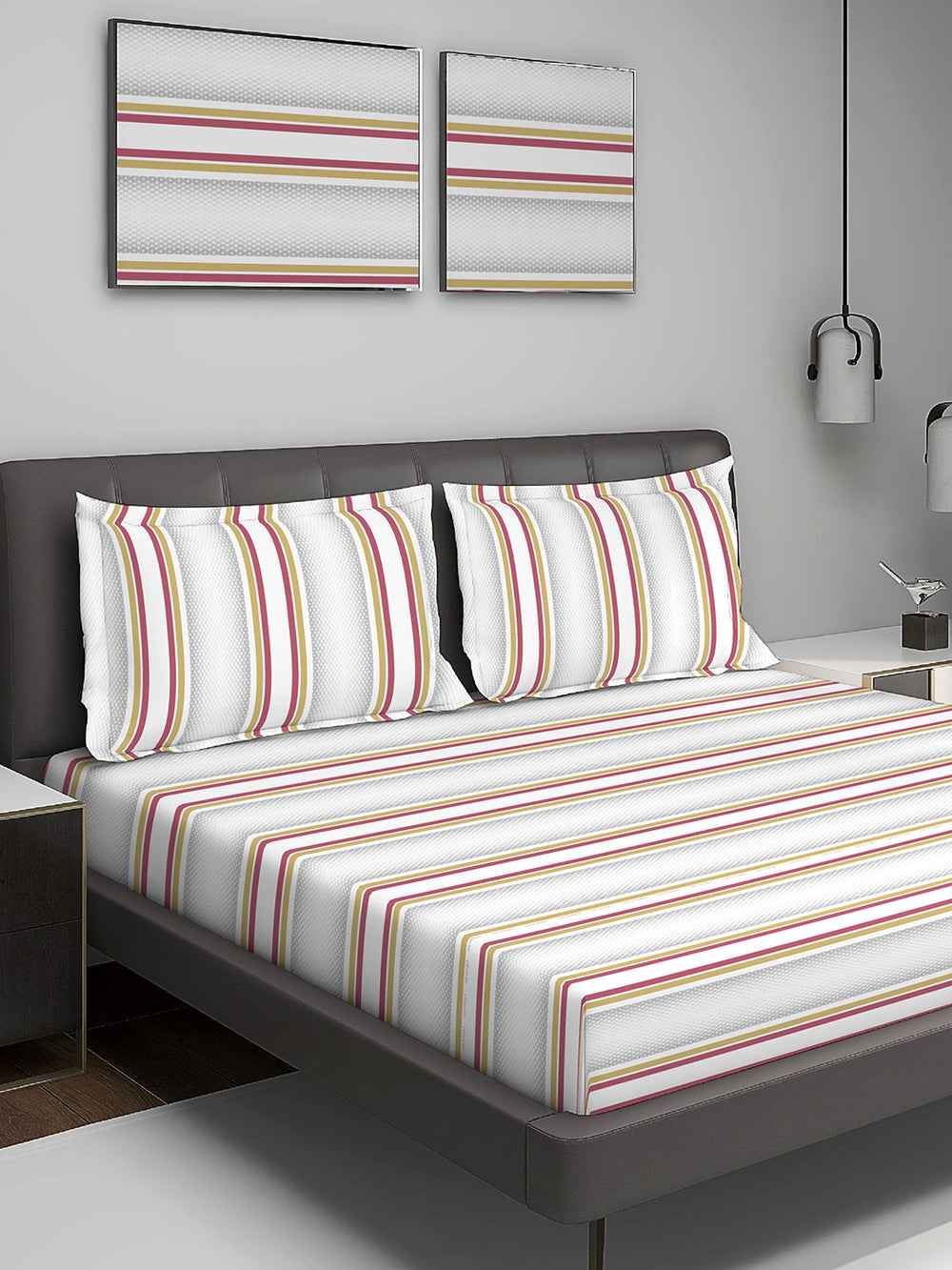 Durathread 225 CVC Grey Stripes 1 King Size Bedsheet with 2 Pillow Covers