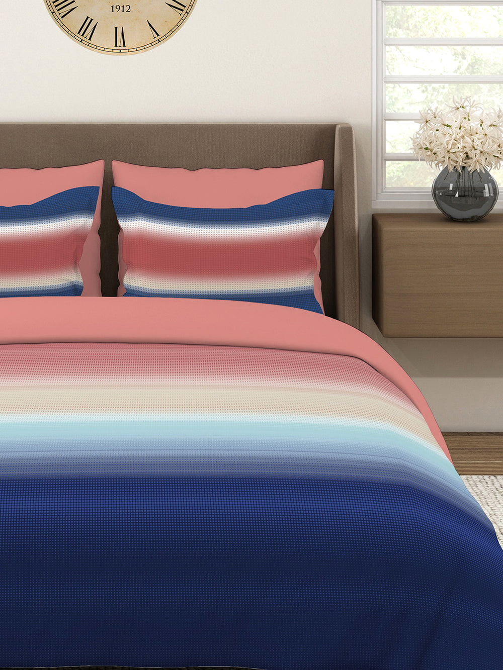 Durathread 225 CVC Pink Blue Stripes 1 King Size Bedsheet with 2 Pillow Covers