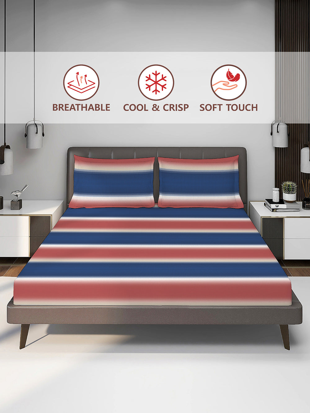 Durathread 225 CVC Blue Pink Stripes 1 King Size Bedsheet with 2 Pillow Covers