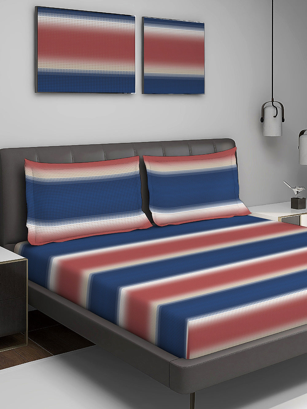 Durathread 225 CVC Blue Pink Stripes 1 King Size Bedsheet with 2 Pillow Covers