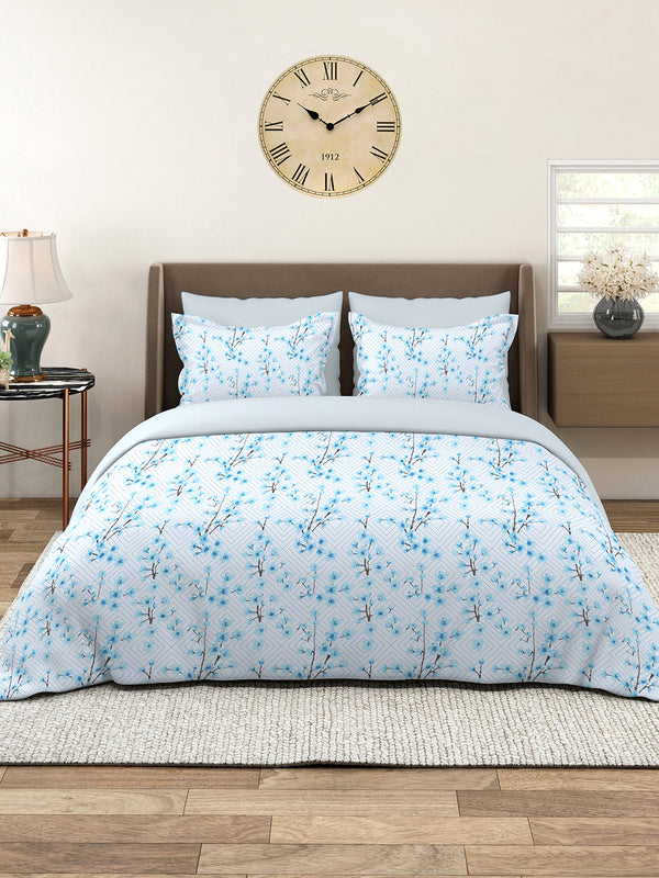 Lumina Floret 100% Cotton 144 TC Blue Floral 1 King Size Bedsheet with 2 Pillow Covers