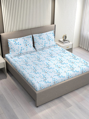 Lumina Floret 100% Cotton 144 TC Blue Floral 1 King Size Bedsheet with 2 Pillow Covers