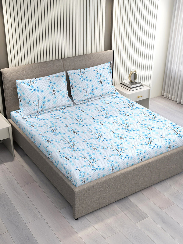 Lumina Floret 100% Cotton 144 TC Blue Floral 1 King Size Bedsheet with 2 Pillow Covers