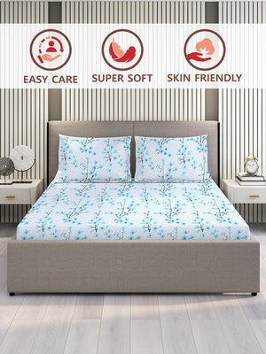 Lumina Floret 100% Cotton 144 TC Blue Floral 1 King Size Bedsheet with 2 Pillow Covers
