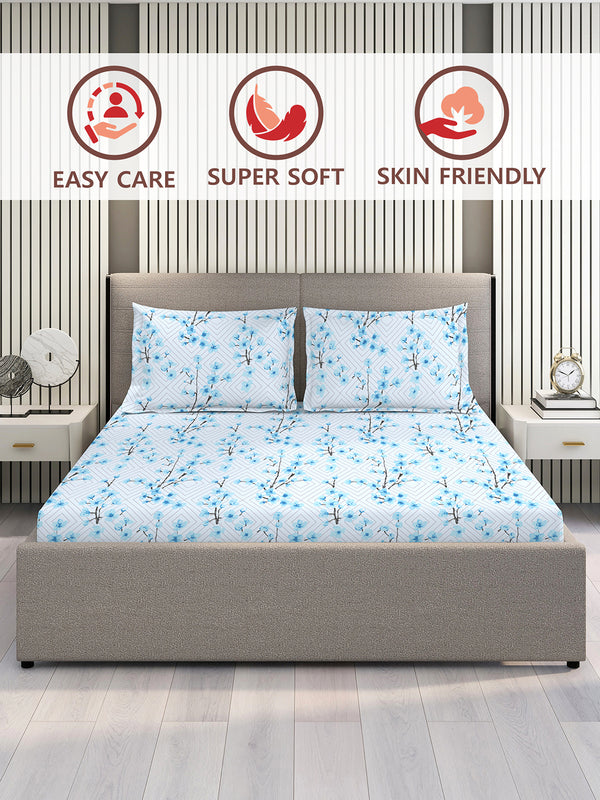Lumina Floret 100% Cotton 144 TC Blue Floral 1 King Size Bedsheet with 2 Pillow Covers