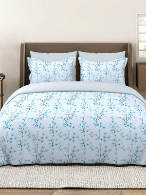 Lumina Floret 100% Cotton 144 TC Blue Floral 1 King Size Bedsheet with 2 Pillow Covers