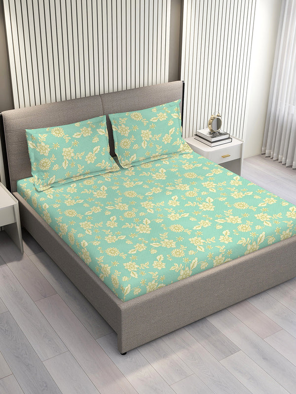 Lumina Floret 1 100% Cotton 144 TC Blue Floral 1 King Size Bedsheet with 2 Pillow Covers