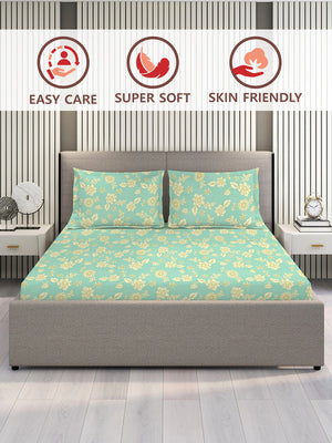 Lumina Floret 1 100% Cotton 144 TC Blue Floral 1 King Size Bedsheet with 2 Pillow Covers