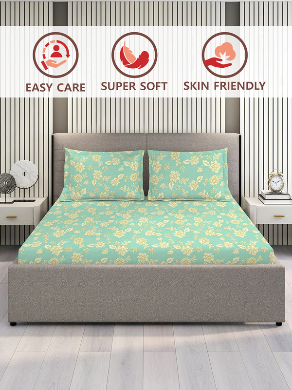 Lumina Floret 1 100% Cotton 144 TC Blue Floral 1 King Size Bedsheet with 2 Pillow Covers