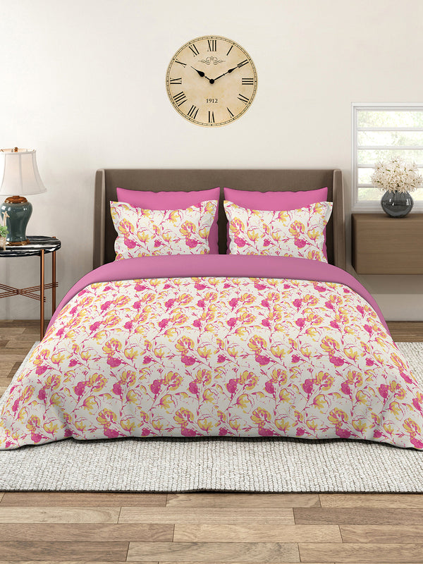 Lumina Floret 100% Cotton 144 TC Pink White Floral 1 King Size Bedsheet with 2 Pillow Covers