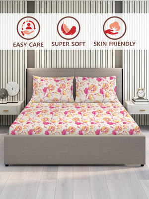 Lumina Floret 100% Cotton 144 TC Pink White Floral 1 King Size Bedsheet with 2 Pillow Covers