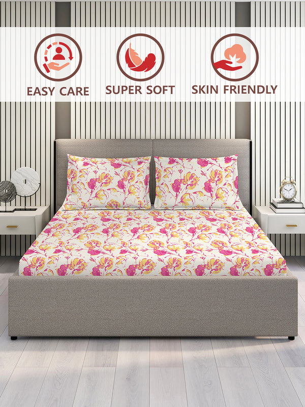 Lumina Floret 100% Cotton 144 TC Pink White Floral 1 King Size Bedsheet with 2 Pillow Covers