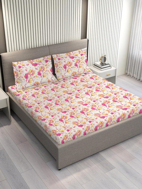 Lumina Floret 100% Cotton 144 TC Pink White Floral 1 King Size Bedsheet with 2 Pillow Covers