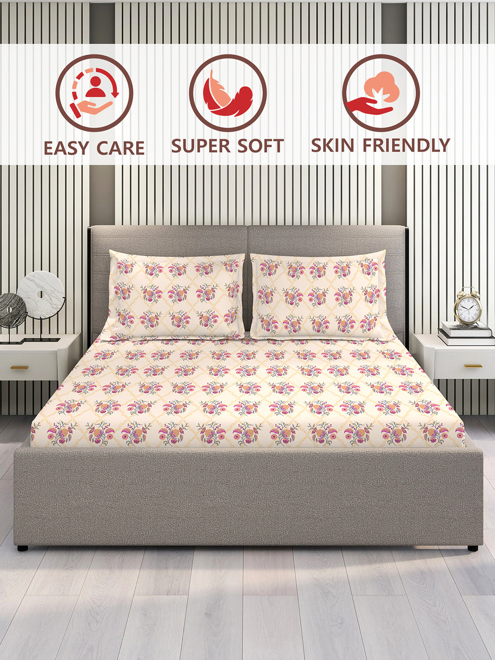 Lumina Floret 1 100% Cotton 144 TC Pink Floral 1 King Size Bedsheet with 2 Pillow Covers